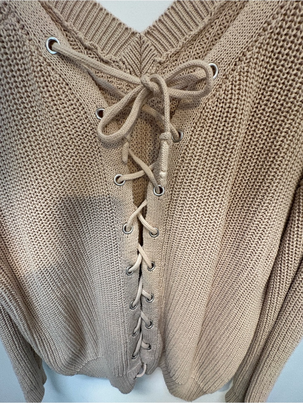 Forever 21 Lace-Up V-Neck Knit Sweater - Tan